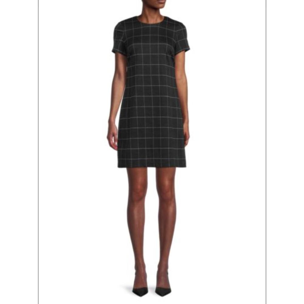 Calvin Klein Women's 6 Checked Sheath Dress Black Mini Short Sleeves Zip Back